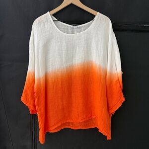 Florencia 100% Linen M Orange Ombre Boxy Lagenlook Beach Blouse Top Vacay Resort
